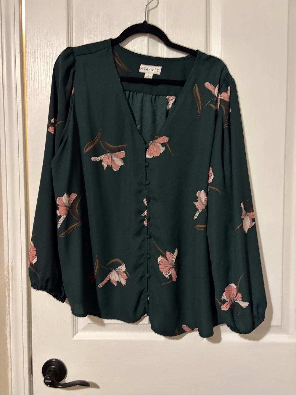 Dark Green Floral Button-Front Women's Blouse